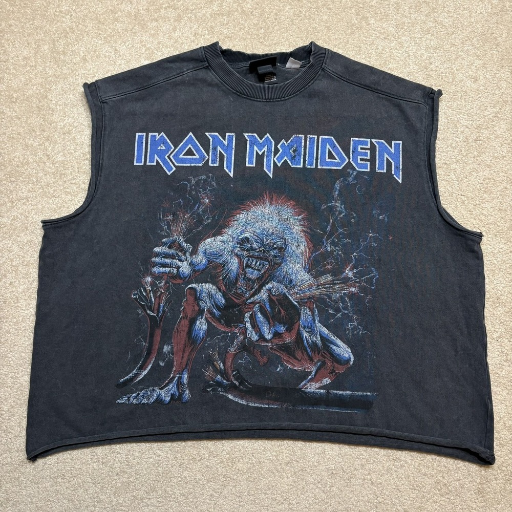 H&M Iron Maiden Oversized Boxy Vest Top Mens Large Black Sleeveless Sweat Shirt